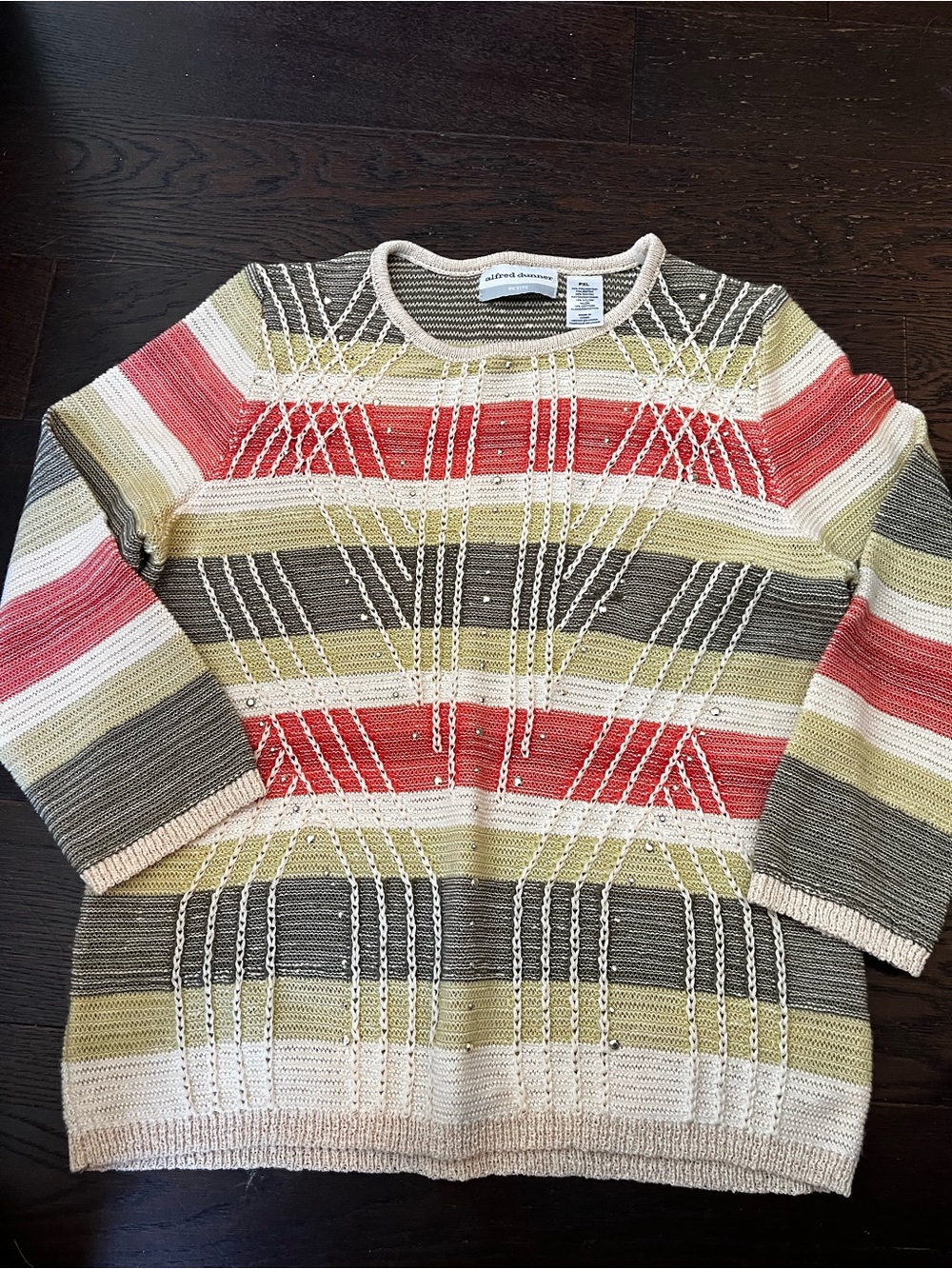 Striped Open-Knit Crewneck Sweater - Coral, Olive, Cream